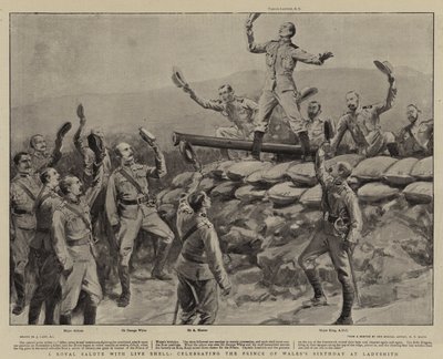 Een koninklijk saluut met echte granaten, ter viering van de verjaardag van de Prins van Wales in Ladysmith door Joseph Nash
